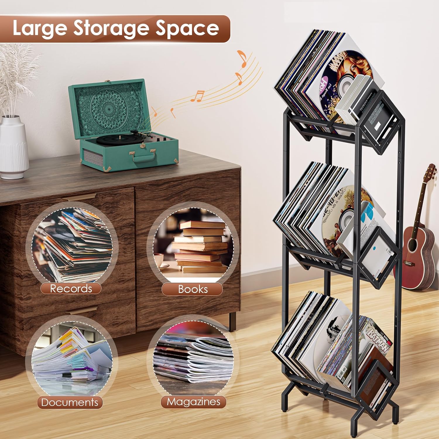 Vinyl Record Storage Rack, Record Holder 260-280 LP Storage Shelf Display Stand for Albums Books Magazines Files, Black Metal